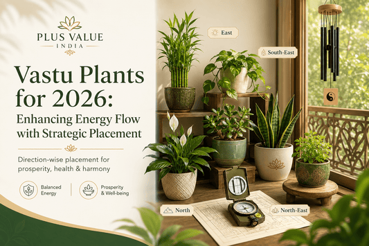Vastu plants placement, money plant, tulsi and bamboo shown by direction