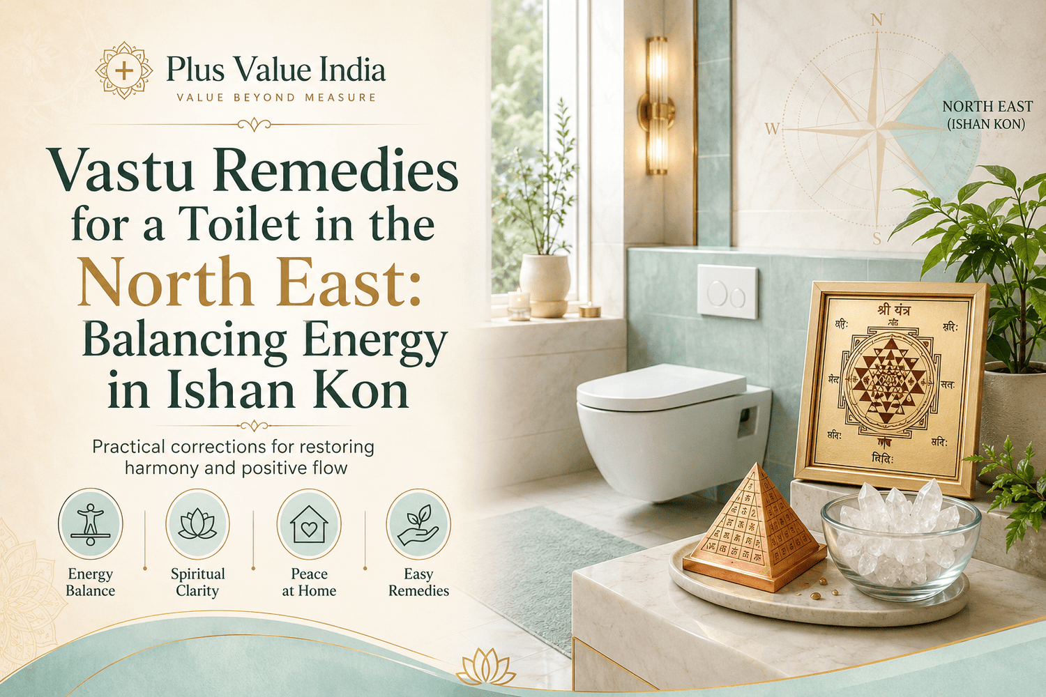 North east toilet Vastu remedy, Ishan kon bathroom shown on a floor plan with the correction items marked
