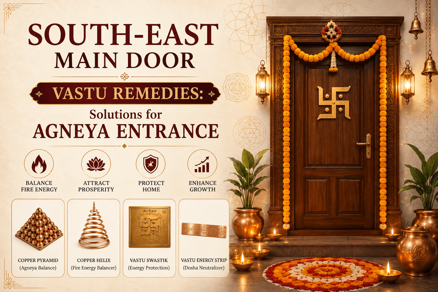 South east main door Vastu, Agneya entrance on a floor plan with the remedy placements marked