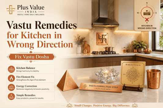 Kitchen Vastu dosha remedy, wrong-direction kitchen on a floor plan with the correction shown