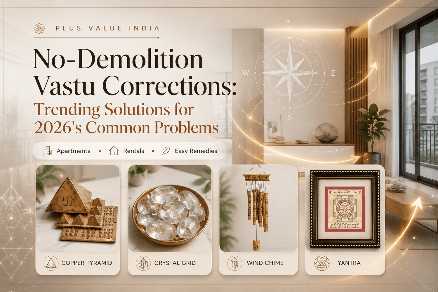 No-demolition Vastu corrections, each common defect shown with a non-structural fix