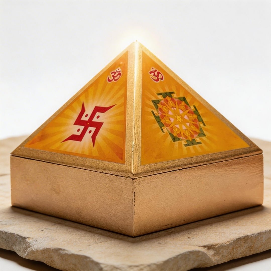 Vastu Wooden Pyramid Wish Box, Reiki Box, Cash Box with Yantra Stickers for Home & Office - plusvalueindia