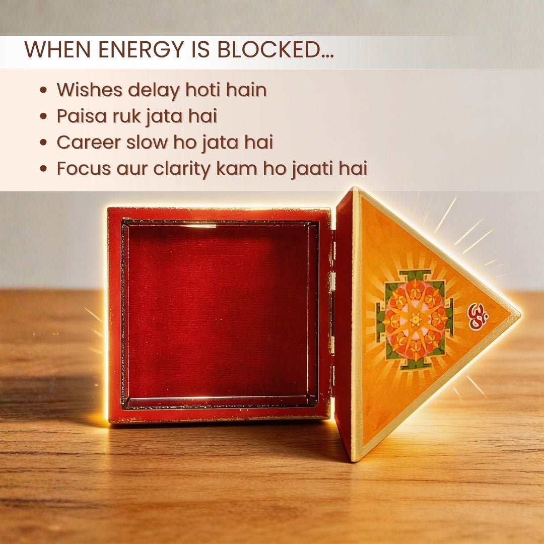 Vastu Wooden Pyramid Wish Box, Reiki Box, Cash Box with Yantra Stickers for Home & Office - plusvalueindia