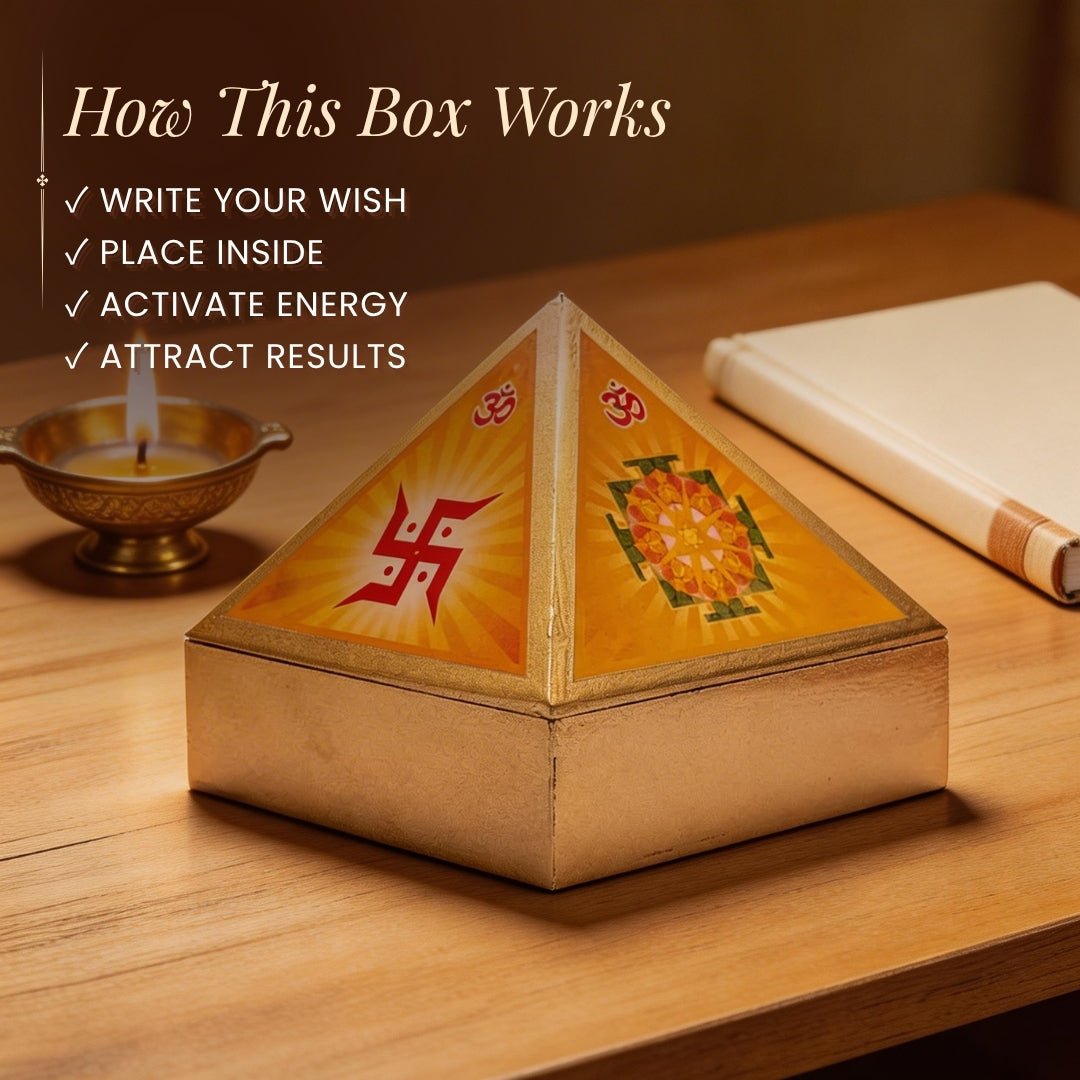 Vastu Wooden Pyramid Wish Box, Reiki Box, Cash Box with Yantra Stickers for Home & Office - plusvalueindia