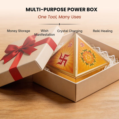 Vastu Wooden Pyramid Wish Box, Reiki Box, Cash Box with Yantra Stickers for Home & Office - plusvalueindia