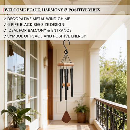 Feng Shui Metal Wind Chimes for Home Bungalow Villa Garden Decor 6 Pipes [28 Inches, Black Color, Big Size] (Model W-154) - plusvalueindia