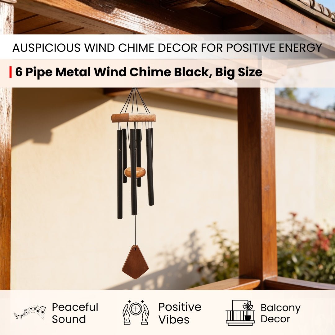 Feng Shui Metal Wind Chimes for Home Bungalow Villa Garden Decor 6 Pipes [28 Inches, Black Color, Big Size] (Model W-154) - plusvalueindia