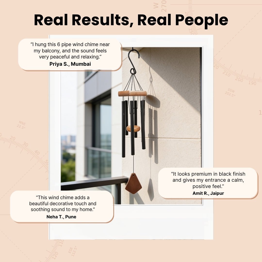 Feng Shui Metal Wind Chimes for Home Bungalow Villa Garden Decor 6 Pipes [28 Inches, Black Color, Big Size] (Model W-154) - plusvalueindia