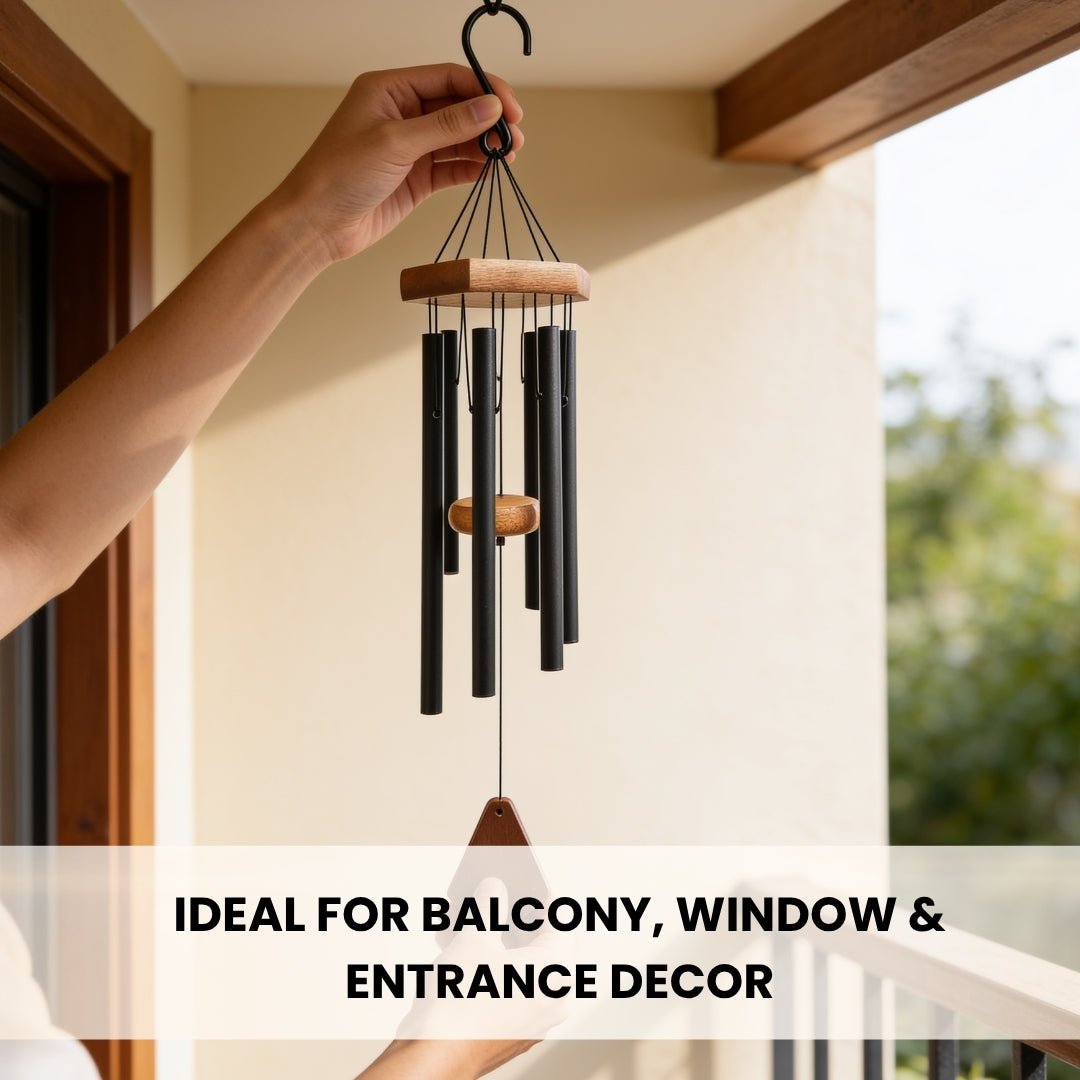 Feng Shui Metal Wind Chimes for Home Bungalow Villa Garden Decor 6 Pipes [28 Inches, Black Color, Big Size] (Model W-154) - plusvalueindia