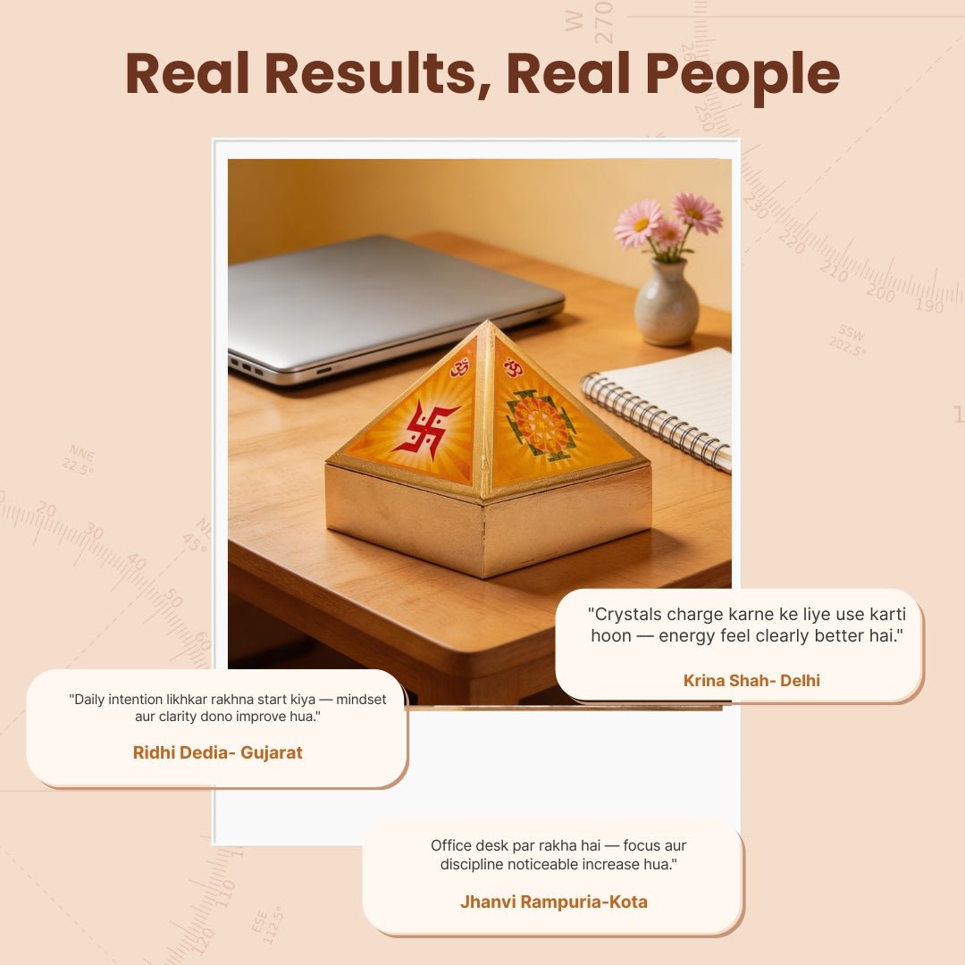 Vastu Wooden Pyramid Wish Box, Reiki Box, Cash Box with Yantra Stickers for Home & Office - plusvalueindia