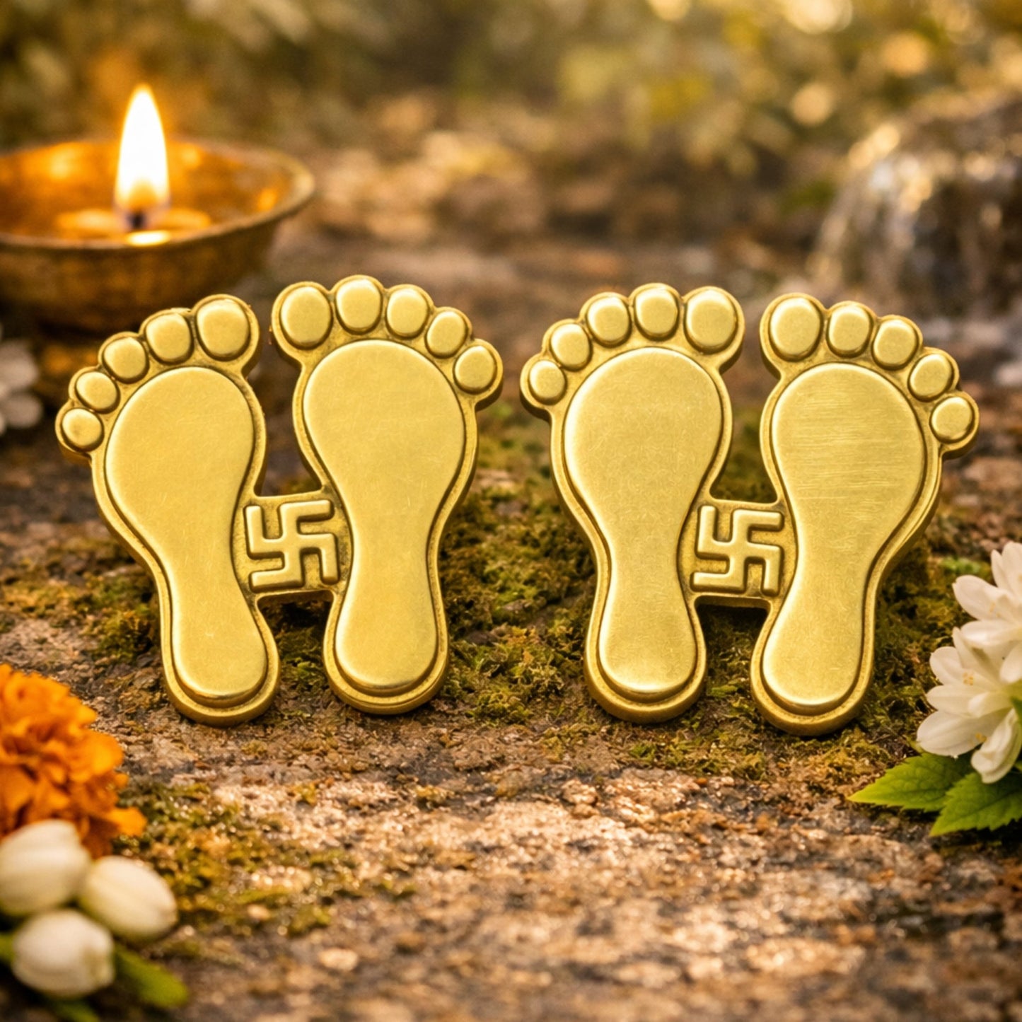 Brass Lakshmi Charan Paduka (Pair 3" Inch Each) Handcrafted Pital Door Entrance Décor Antique Gold Finish for Main Door & Puja Room Traditional Lakshmi Feet - plusvalueindia