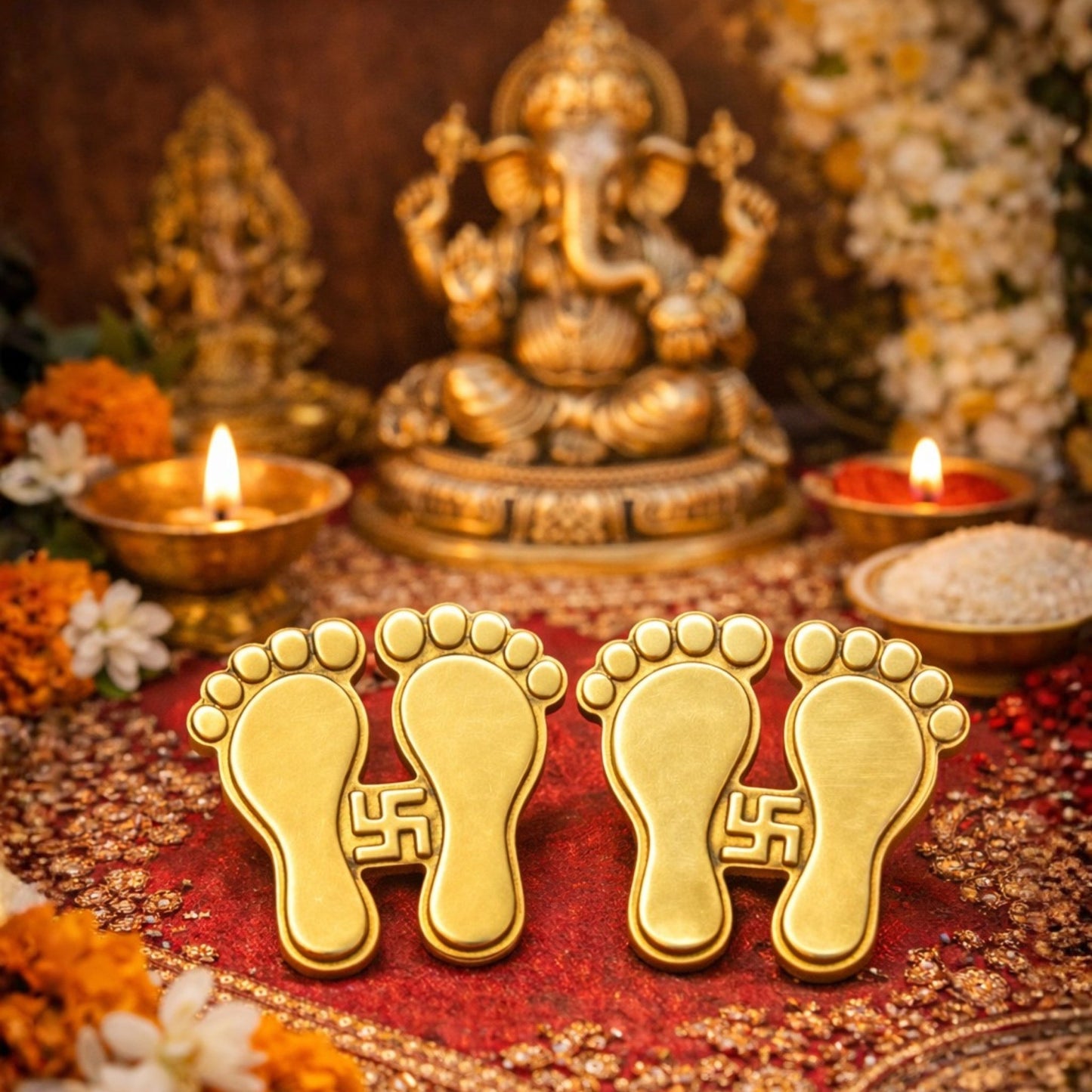 Brass Lakshmi Charan Paduka (Pair 3" Inch Each) Handcrafted Pital Door Entrance Décor Antique Gold Finish for Main Door & Puja Room Traditional Lakshmi Feet - plusvalueindia