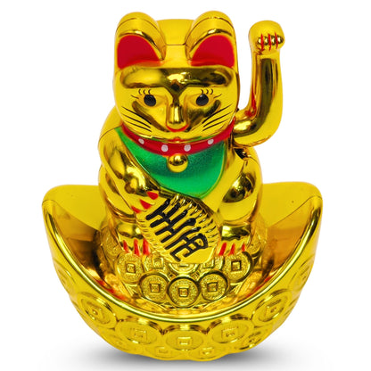Golden Feng Shui Lucky Cat Maneki Neko Showpiece for Wealth & Good Luck Cute Vastu Waving Welcome Cat Idol for Positive Home Decor, Office Desk & Shop Cash Counter Gift - plusvalueindia
