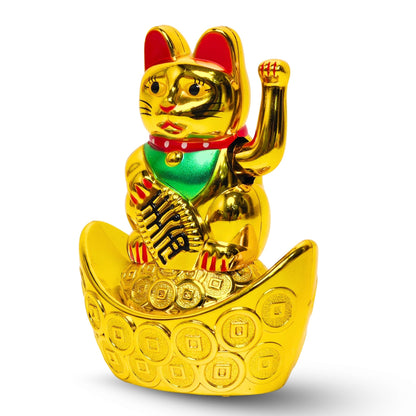 Golden Feng Shui Lucky Cat Maneki Neko Showpiece for Wealth & Good Luck Cute Vastu Waving Welcome Cat Idol for Positive Home Decor, Office Desk & Shop Cash Counter Gift - plusvalueindia