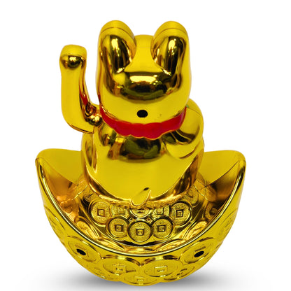 Golden Feng Shui Lucky Cat Maneki Neko Showpiece for Wealth & Good Luck Cute Vastu Waving Welcome Cat Idol for Positive Home Decor, Office Desk & Shop Cash Counter Gift - plusvalueindia