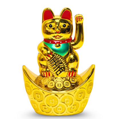 Golden Feng Shui Lucky Cat Maneki Neko Showpiece for Wealth & Good Luck Cute Vastu Waving Welcome Cat Idol for Positive Home Decor, Office Desk & Shop Cash Counter Gift - plusvalueindia