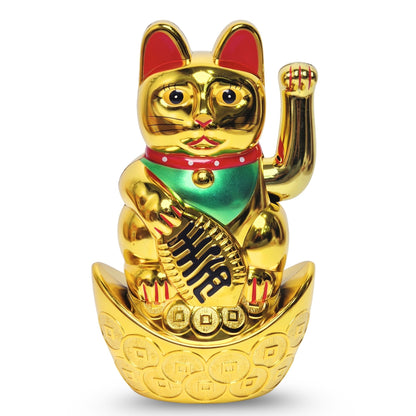 Golden Feng Shui Lucky Cat Maneki Neko Showpiece for Wealth & Good Luck Cute Vastu Waving Welcome Cat Idol for Positive Home Decor, Office Desk & Shop Cash Counter Gift - plusvalueindia