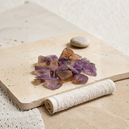 Natural Ametrine Rock Raw Chunks Stone for Reiki Healing Crystal Aura Chakra Vastu Feng Shui (100grams, Jute Bag) - plusvalueindia