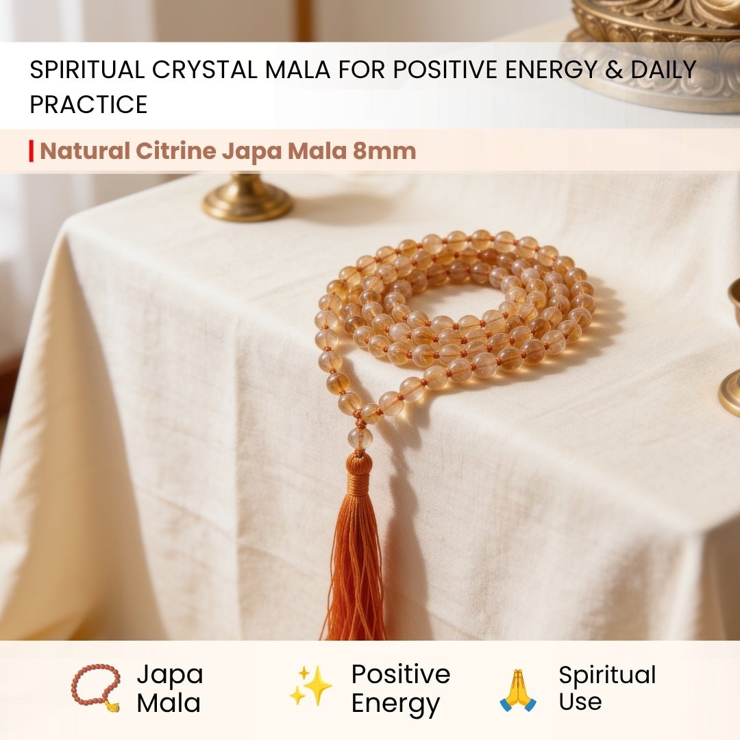 Citrine Mala 108 Beads - Natural Yellow Crystal Japa Mala for Wealth, Meditation & Pooja - plusvalueindia
