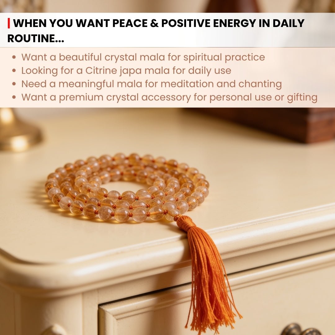Citrine Mala 108 Beads - Natural Yellow Crystal Japa Mala for Wealth, Meditation & Pooja - plusvalueindia