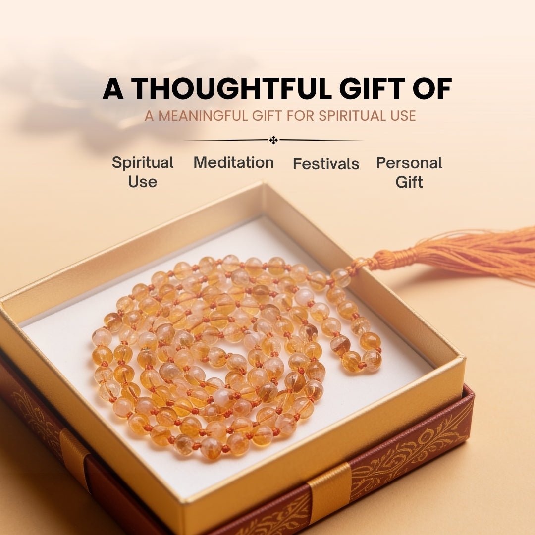 Citrine Mala 108 Beads - Natural Yellow Crystal Japa Mala for Wealth, Meditation & Pooja - plusvalueindia