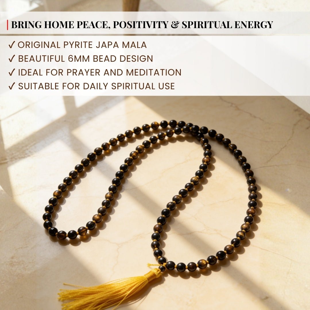 Original Pyrite Japa Mala Necklace 108 + 1 Bead (Knotted) to Attract Abundance, Prosperity & Good Luck, Money Magnet - plusvalueindia