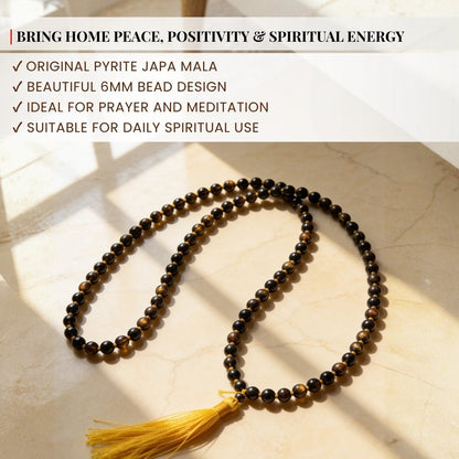 Original Pyrite Japa Mala Necklace 108 + 1 Bead (Knotted) to Attract Abundance, Prosperity & Good Luck, Money Magnet - plusvalueindia