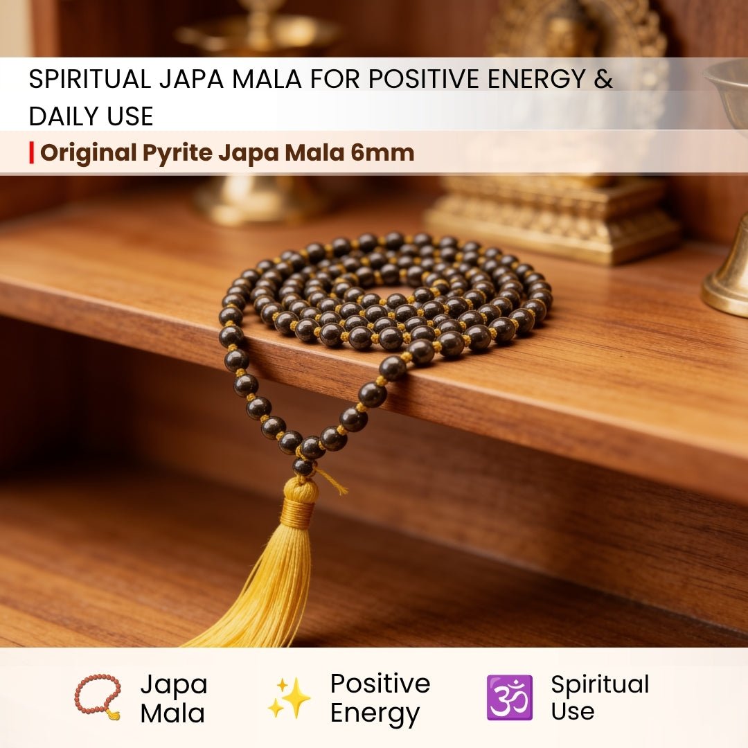 Original Pyrite Japa Mala Necklace 108 + 1 Bead (Knotted) to Attract Abundance, Prosperity & Good Luck, Money Magnet - plusvalueindia