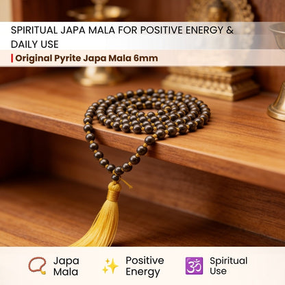 Original Pyrite Japa Mala Necklace 108 + 1 Bead (Knotted) to Attract Abundance, Prosperity & Good Luck, Money Magnet - plusvalueindia
