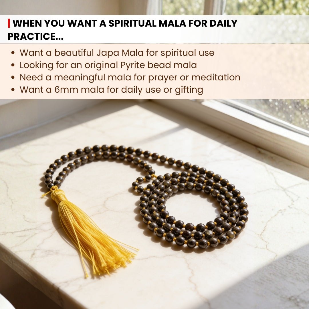 Original Pyrite Japa Mala Necklace 108 + 1 Bead (Knotted) to Attract Abundance, Prosperity & Good Luck, Money Magnet - plusvalueindia