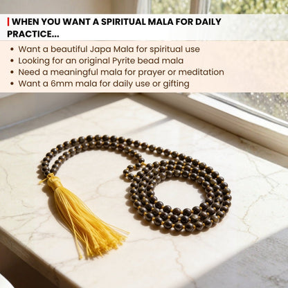 Original Pyrite Japa Mala Necklace 108 + 1 Bead (Knotted) to Attract Abundance, Prosperity & Good Luck, Money Magnet - plusvalueindia