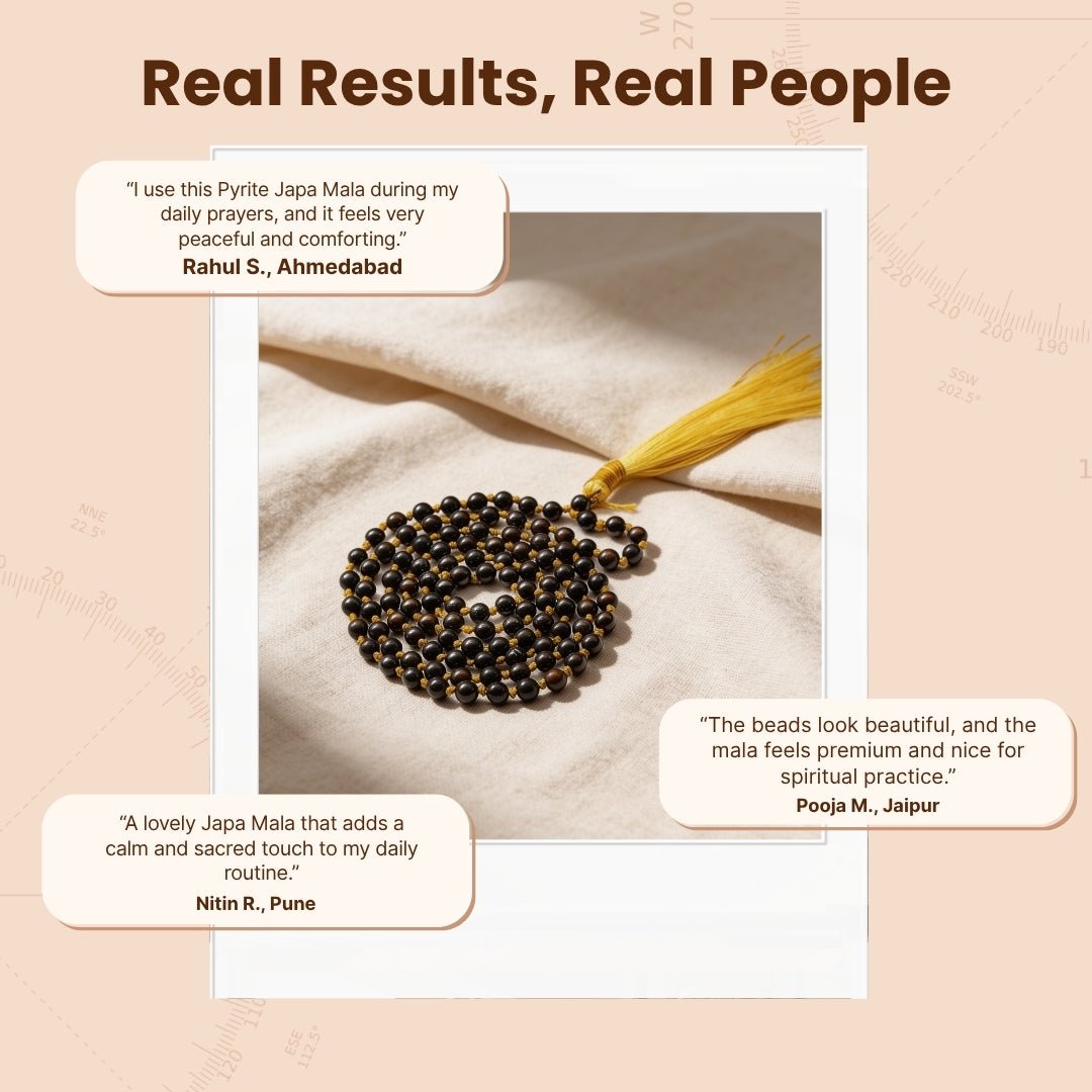 Original Pyrite Japa Mala Necklace 108 + 1 Bead (Knotted) to Attract Abundance, Prosperity & Good Luck, Money Magnet - plusvalueindia