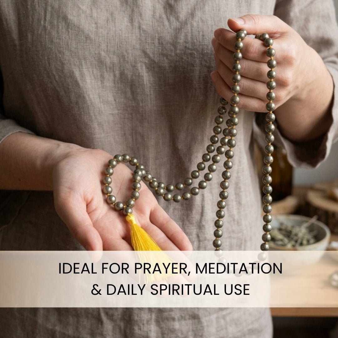 Original Pyrite Japa Mala Necklace 108 + 1 Bead (Knotted) to Attract Abundance, Prosperity & Good Luck, Money Magnet - plusvalueindia