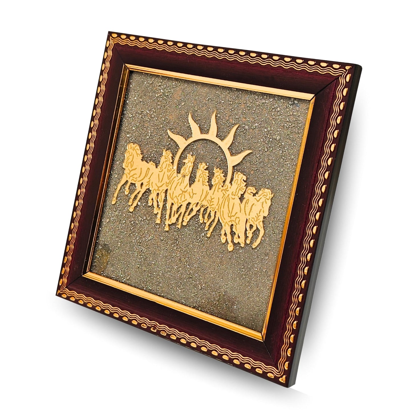 Seven Running Horses Pyrite Frame for Wealth & Protection Vastu Wall Art to Attract Money, Success & Positive Energy Golden Showpiece for Living Room & Office Decor - plusvalueindia