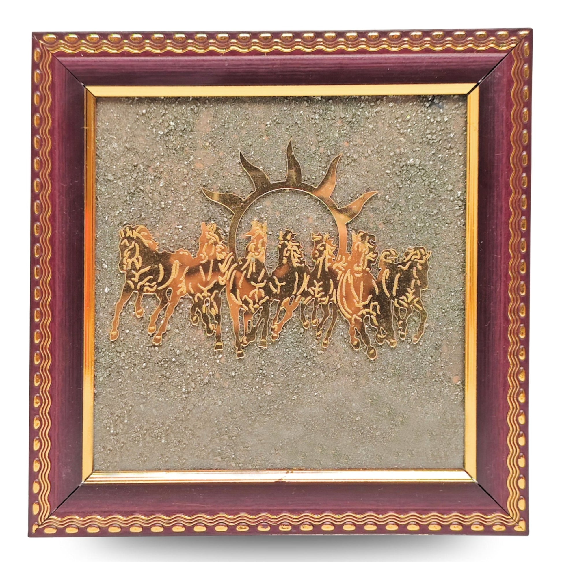 Seven Running Horses Pyrite Frame for Wealth & Protection Vastu Wall Art to Attract Money, Success & Positive Energy Golden Showpiece for Living Room & Office Decor - plusvalueindia