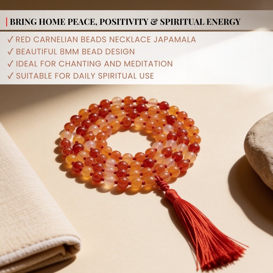 Natural Red Carnelian Necklace Japa Mala 108 + 1 Bead (Knotted) - plusvalueindia