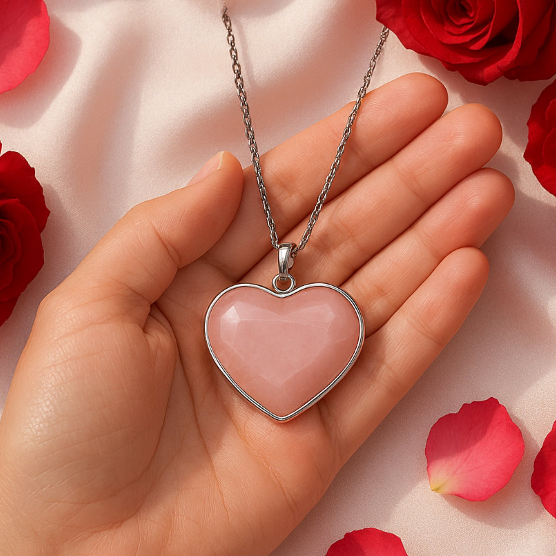 Rose Quartz Heart Pendant Silver Cap