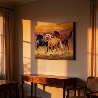 Running Horses - Vastu & Feng Shui Canvas Print, Paintings For Home Living Room & Bedroom Decor - plusvalueindia