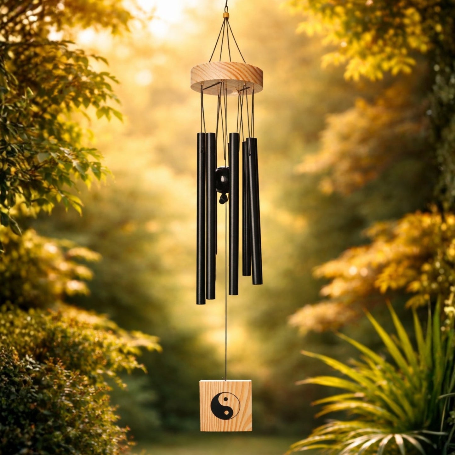 Feng Shui Metal Wind Chime Seven 7 Rods Pipes Windchime for Home Office Positive Energy for Balcony Bedroom Excellent Sound [29.5inch / 75cm, Black Colour] - plusvalueindia