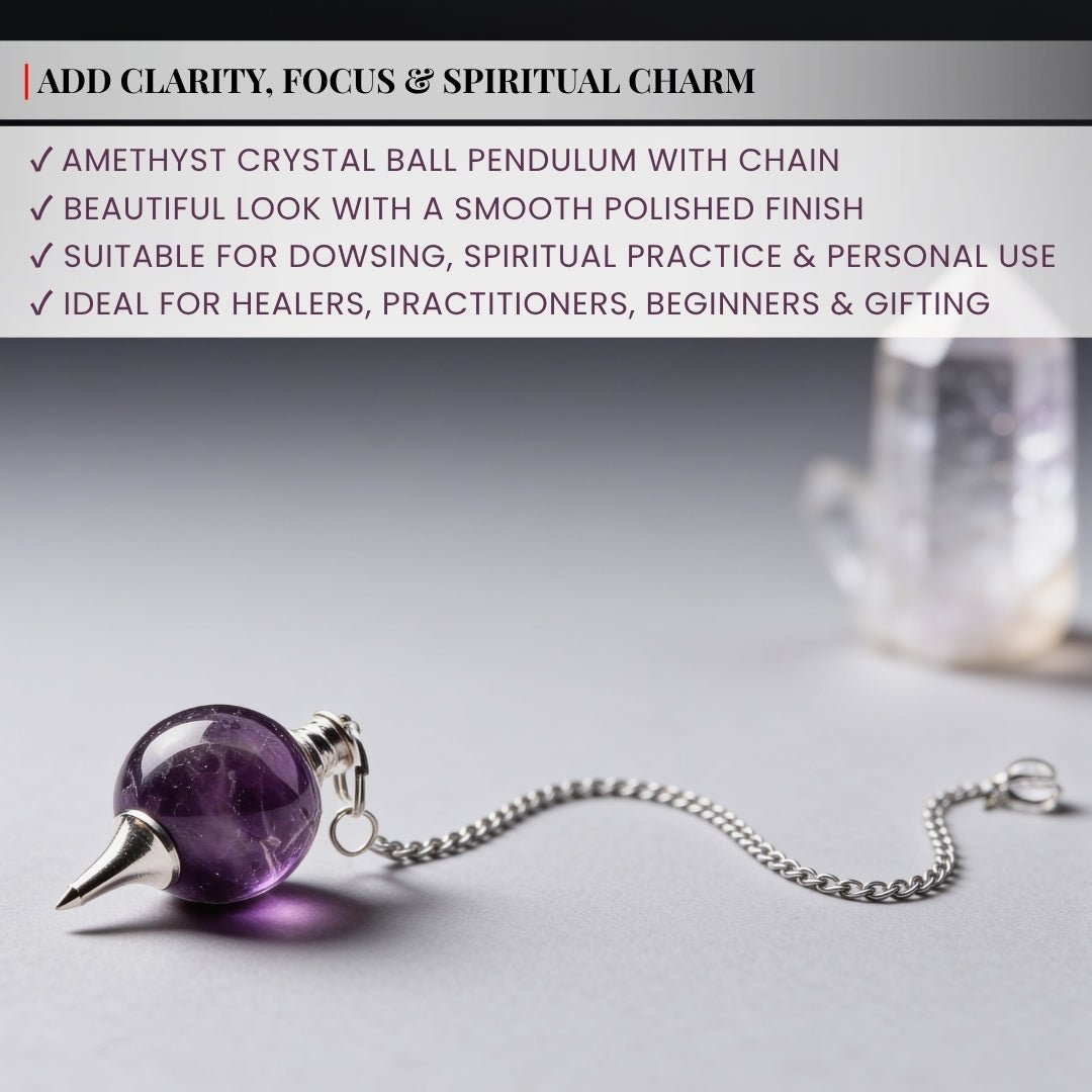 Amethyst Crystal Ball Chain Dowsing Pendulum for Reiki, Chakra, Healing, Meditation (4 Charts, Jute Bag) - plusvalueindia