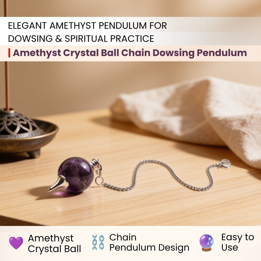 Amethyst Crystal Ball Chain Dowsing Pendulum for Reiki, Chakra, Healing, Meditation (4 Charts, Jute Bag) - plusvalueindia