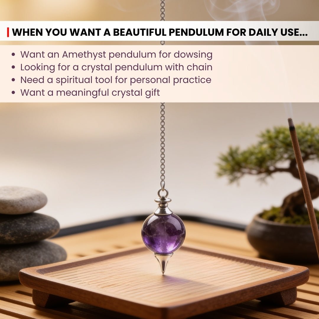 Amethyst Crystal Ball Chain Dowsing Pendulum for Reiki, Chakra, Healing, Meditation (4 Charts, Jute Bag) - plusvalueindia