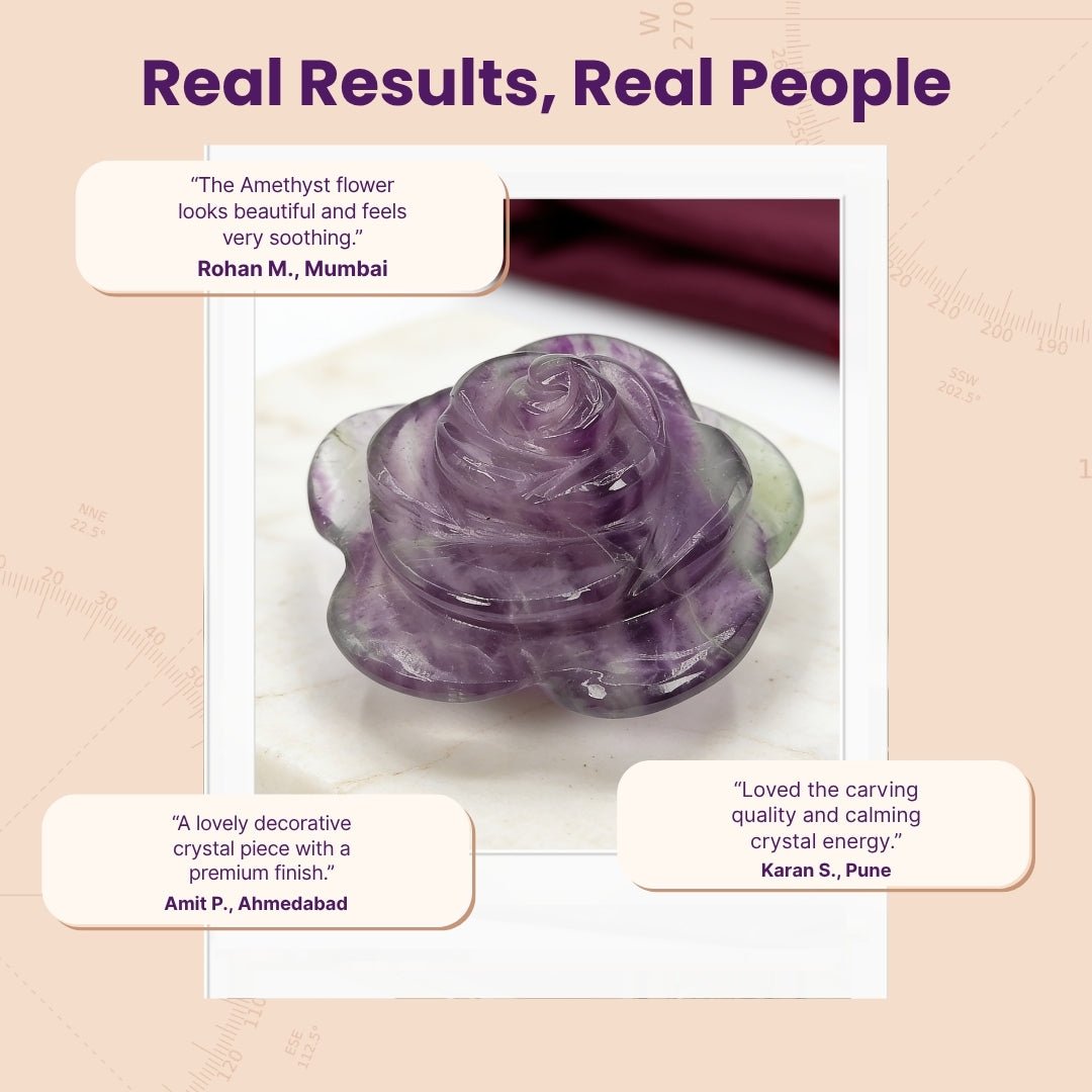 natural amethyst flower stone displayed on a bedroom side table