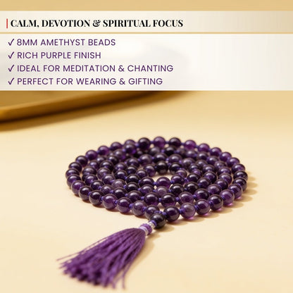 Purple Amethyst Necklace Japa Mala 108 + 1 Bead (Knotted) - plusvalueindia