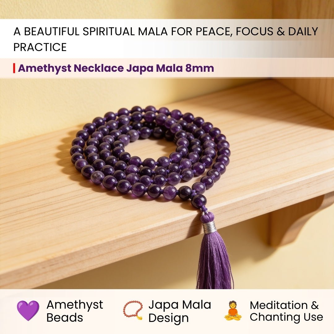 Purple Amethyst Necklace Japa Mala 108 + 1 Bead (Knotted) - plusvalueindia