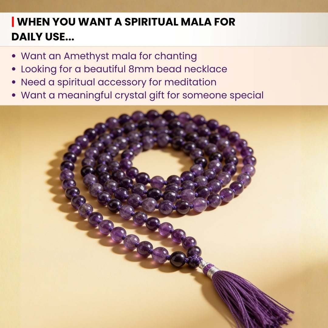 Purple Amethyst Necklace Japa Mala 108 + 1 Bead (Knotted) - plusvalueindia