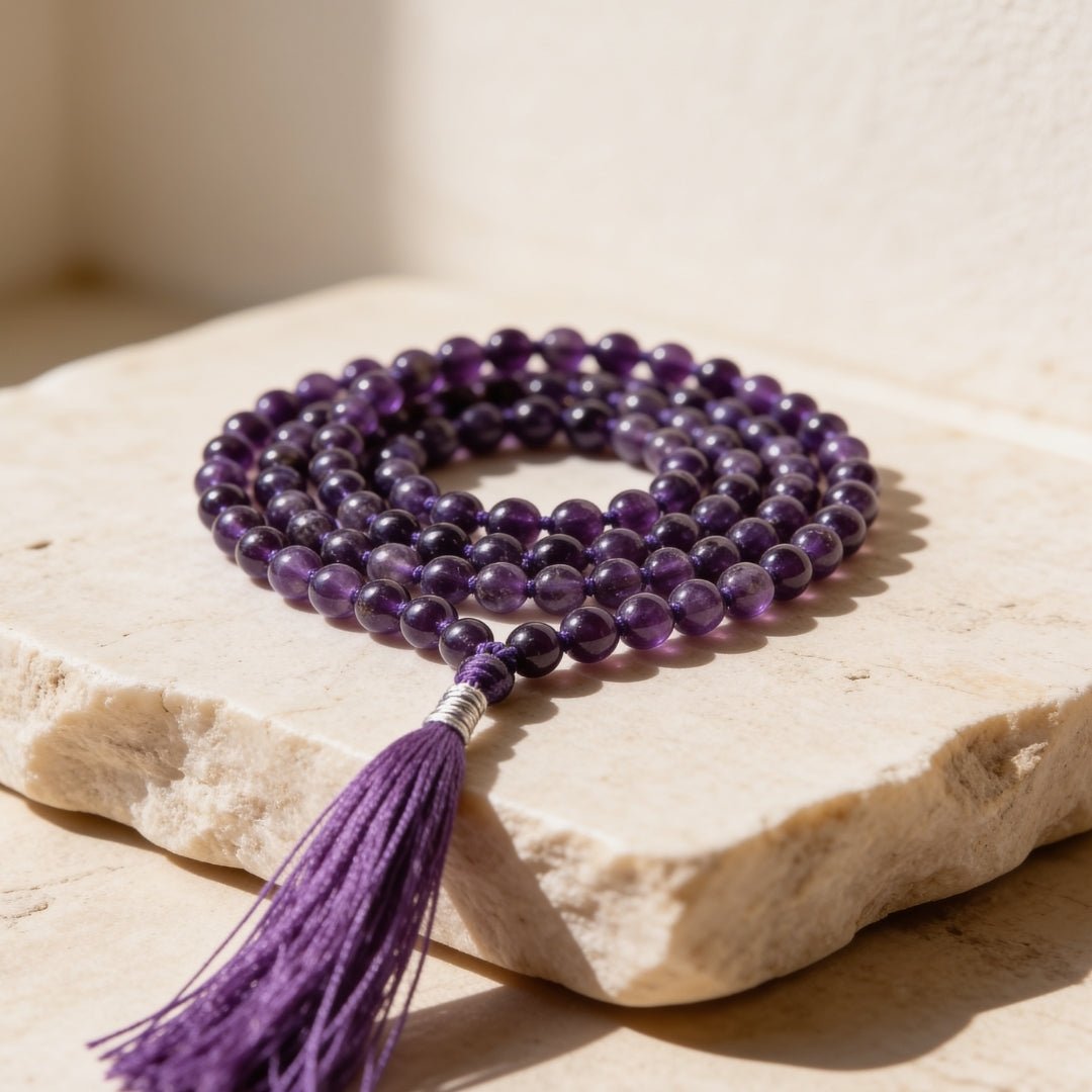 Amethyst mala detail showing the purple bead consistency and the guru bead