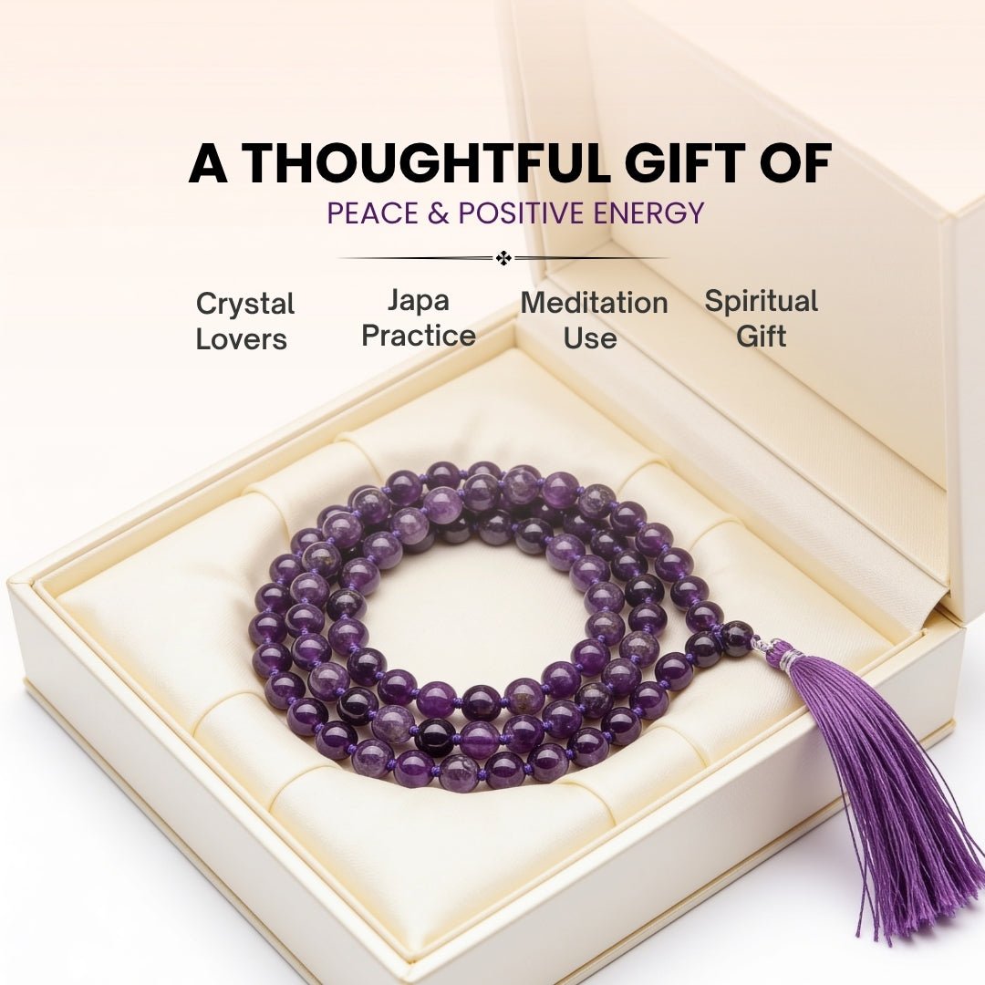 Purple Amethyst Necklace Japa Mala 108 + 1 Bead (Knotted) - plusvalueindia