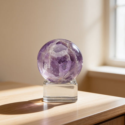Amethyst ball detail showing the crystal points visible through the polished surface