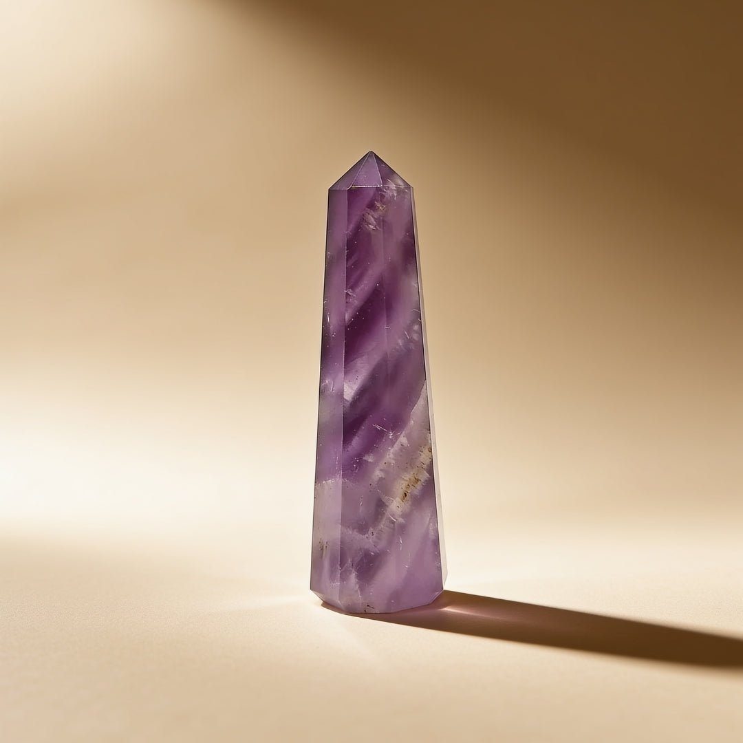 Amethyst obelisk detail showing the colour zoning through the polished point